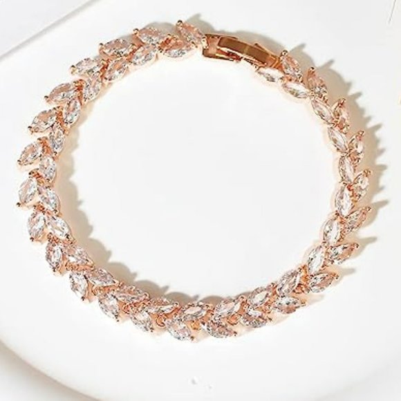 Wedding Bridal Bracelet 18k Rose Gold Plated Grade 3A Cubic Zirconia Bracelets - Picture 3 of 3
